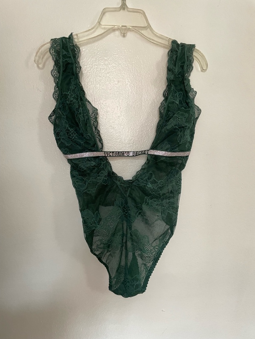Victoria's Secret Emerald Green Lace Plunge Teddy with Sparkle Details